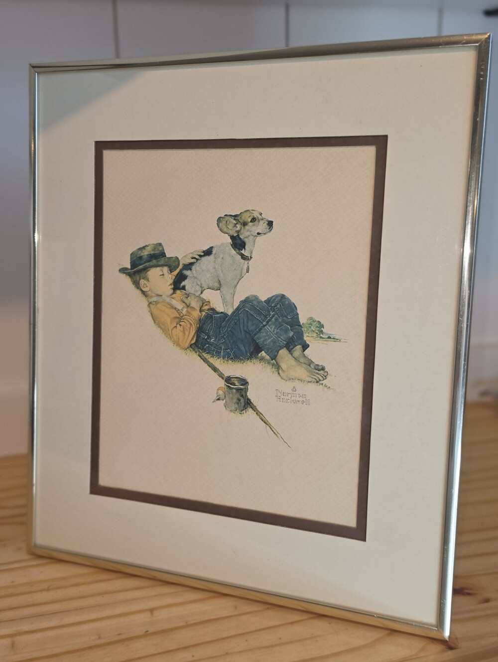 Vintage 1978 Norman Rockwell Boy & Dog Print Gold Metal Frame Americana 12x14